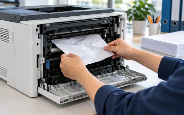 Nhân viên văn phòng dùng hai tay lấy tờ A4 bị kẹt khỏi đường giấy máy in