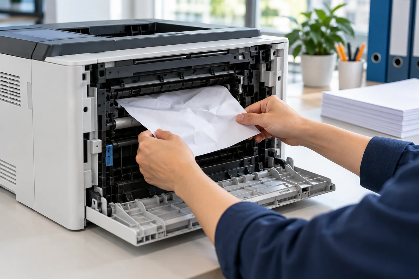 Nhân viên văn phòng dùng hai tay lấy tờ A4 bị kẹt khỏi đường giấy máy in